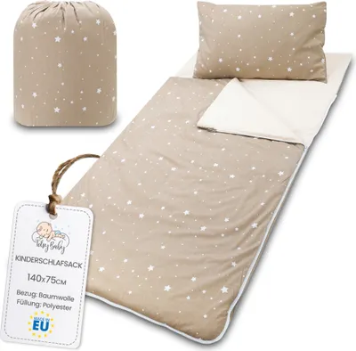 Produktbild von Schlafsack Kinder mit Kissen und Reißverschluss für Baby 3-7 Jahre - 140 x 75 cm Kinderschlafsack Indoor für Kindertagesstätte Kindergarten Deckenschlafsack Beige mit Weiß Sternen