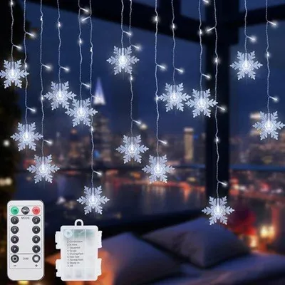 Productafbeelding van Lichtgordijn, sneeuwvlok, 4,2 m, 96 leds, kerstverlichting, raam, binnen, werkt op batterijen, waterdicht, kerstlichtketting, sneeuwvlok voor bruiloft, slaapkamer, decoratieve lamp, koud wit
