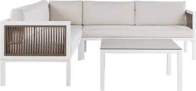 Produktbild von BELIANI Lounge Set Weiß und Braun Aluminium Flechtseil mit Kissen Beige Couchtisch Sicherheitsglas 4-Sitzer Ecksofa Linksseitig Terrasse Outdoor Modern