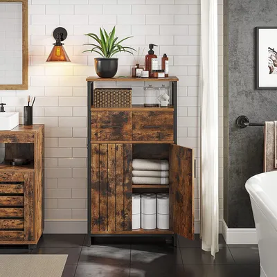 A rustic-style bathroom cabinet with various items on display.
