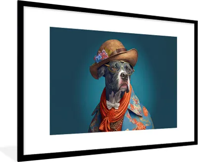 Produktbild von MuchoWow® Gerahmtes Poster Hund - Jacke - Blumen - Hut - Blau 90x60 cm - Poster mit Schwarzem Bilderrahmen Wandposter Rahmen Foto Bilder - Wanddekoration - Fotos