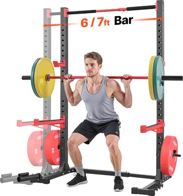 Obrázek produktu pro VEVOR Power Rack 445 kg Nosnost, multifunkční squat rack pro domácí posilovnu, posilovací stroj s 6 kolíky, nástavcem Landmine a bezpečnostními tyčemi pro bench press a dřepy