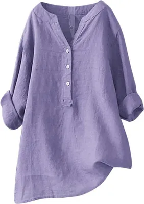 Image de ASKSA Femme Coton Lin Chemisier Unicolore Manches Longues Chemise Libre Boutons Enrouleurs Tops, Violet, Taille : XXL