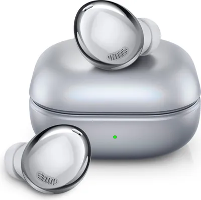A pair of silver wireless earbuds and their charging case are displayed on a white background.