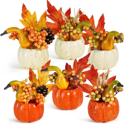 Productafbeelding van Kunstmatige pompoen decoraties, set van 6 stuks, oranje, met esdoornbessen, eikels, dennenappels voor herfst, Thanksgiving en oogstfeesten