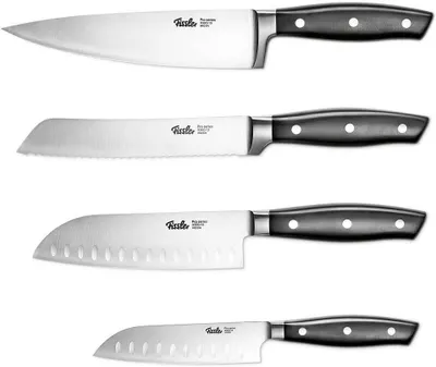 Produktbild von Fissler Messer-Set Profi Santoku Messer 13cm+16cm&Brotmesser 18cm+ Kochmesser 19cm 4 Tlg rostfrei,vernietete Griffe, Spülmaschinenfest, Gemüsemesser