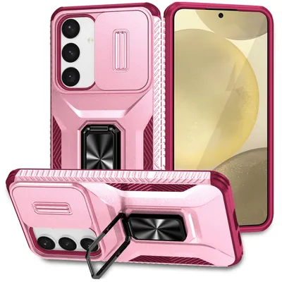 Produktbild von Handyhülle für Samsung Galaxy S25 FE Dual Layer Hülle mit Schiebe Kamera Schutz und Ringhalter Ständer Rosa