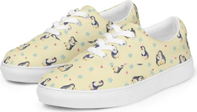 Produktbild von Mr. & Mrs. Panda Damenschuhe Pinguin umarmen Größe 42 - Gelb - Geschenk, Hochzeit, Sneaker Damen, Verlobung, Verknallt, Turnschuhe, Stoffschuh, Liebespaar, Stoffschuhe