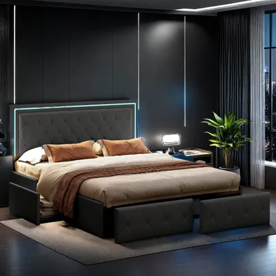 Image de Lit double 160x200 cm, tête de lit LED, lit rembourré avec 4 tiroirs, lit avec sommier à lattes et cadre métallique, lit rembourré avec tête de lit réglable en hauteur,PU,Gris