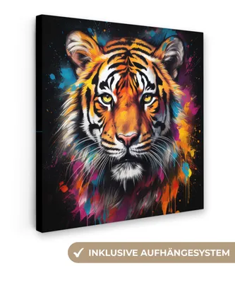 Produktbild von MuchoWow® - Leinwandbilder - Tiger - Graffiti - Tiere - Schwarz, Wandbild, Wanddeko Bilder Wohnzimmer, 20x20cm
