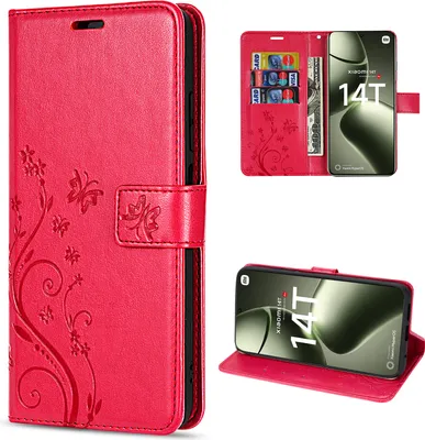 A collage of images showing a red flip phone case with a floral design, and a phone inside the case.