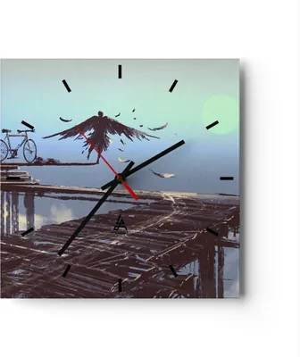 Produktbild von Wanduhr - Quadrat - Glasuhr - Vogel Fahrrad modern - 30x30cm - Schleichendes Uhrwerk - Lautlos - zum Aufhängen bereit - Dekoration Modern - Wanddekoration aus Glas - C3AC30x30-3721