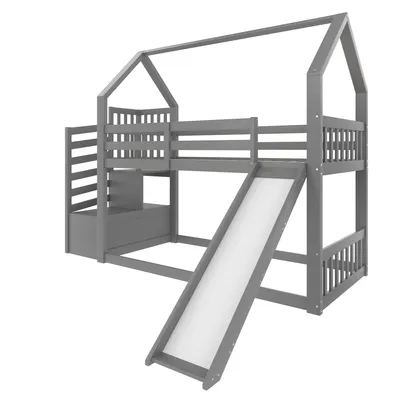 Produktbild von Flieks Etagenbett 90x200cm, Hochbett mit Treppe, Kinderbett mit Rutsche und Treppe, Hausbett mit Lattenrost, Massivholzbett Stockbett für Kinder, Grau