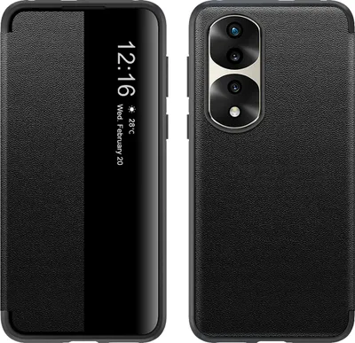 Image de Étui pour Honor 70 Pro étui fin à rabat en cuirPolyuréthaneavec fenêtre d'affichage noir