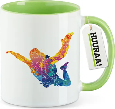 Produktbild von Huuraa Kaffeetasse Skydiving bunte Silhouette 330ml Grün Keramik Kaffeebecher Geschenkidee
