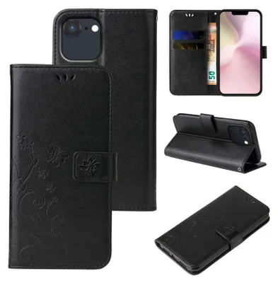 Produktbild von Handyhülle für Apple iPhone 16e Floral Blumen Schmetterling Flip Cover Hülle Case Klapphülle Handytasche Farbe: Schwarz