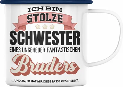 Produktbild von Trendation - Schwester Geschenk von Bruder Geburtstag Emaille Tasse Geschenkideen Emaille Tassen mit Spruch für Beste Schwester Und Ja Er Hat Mir diese Emaille Tasse Geschenkt (Blau)