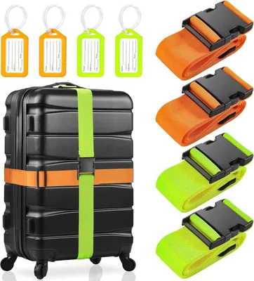 Produktbild von 4 Stück Gepäckanhänger Set, rutschfest Einstellbare Koffer Gurtband mit Adressschild, Kofferbänder Set Auffällig für Schnell Erkennen Gepäck, Reisetasche, Koffer