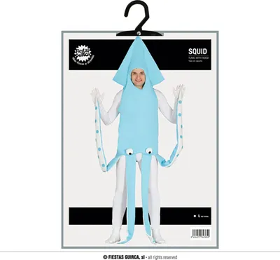 A person wearing a squid costume displayed on product packaging.