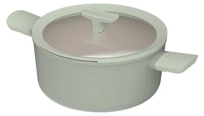 A studio shot of a sage green pot with a glass lid and white handles, set against a white background.