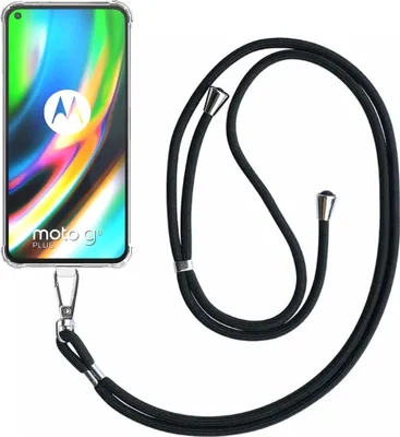 A transparent phone case with a black lanyard attached to a phone.