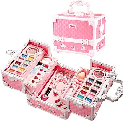 A pink makeup set for girls, open and displaying its contents, with a closed case in the background.