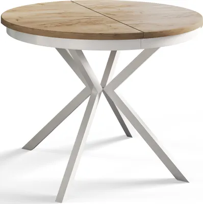 Produktbild von Runder Esszimmertisch BERG, ausziehbarer Tisch Durchmesser: 100 cm/180 cm, Wohnzimmertisch Farbe: Braun, mit Metallbeinen in Farbe Weiß