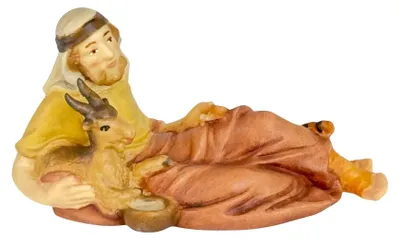 Liegender Hirte mit Ziege, 8 cm, handbemaltes Holz, Krippenfigur