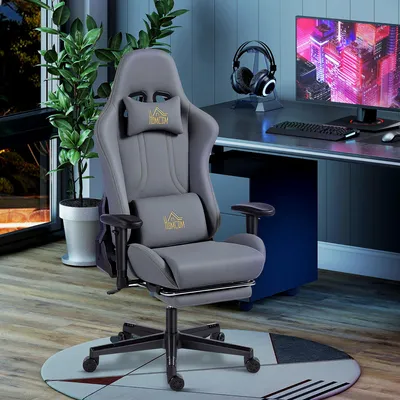 Produktbild von Gaming-Stuhl ergonomisch, 3D-Armlehnen, Schreibtischstuhl mit Fußstütze & Lendenstütze, Dunkelgrau | 76x72x132 cm | 135° Neigung | Gaslift Kl.3