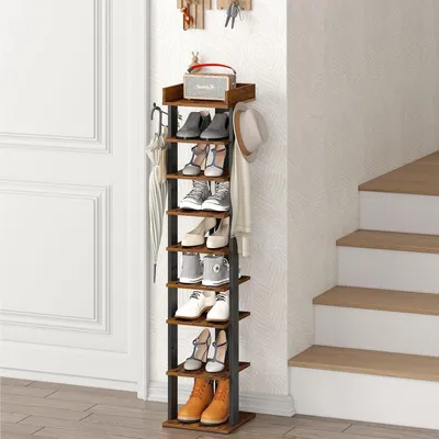 Immagine prodotto di TRANKIELO® - Porta scarpe compatto – Organizer a 9 livelli – Scaffale in legno per scarpe con ganci – Design salvaspazio