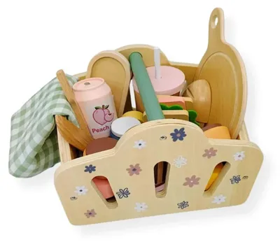 Produktbild von Kabi Holz-Picknickset mit Korb – 23 Teile (Naturholz, Filz, Baumwolle) – Rollenspiel-Spielzeug, ab 3 Jahren,