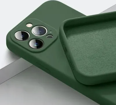 A close-up view of a dark green iPhone case, showing the camera cutout and the interior lining.