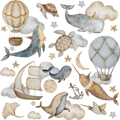 Produktbild von Muralo Wandsticker Set für Kinder MEERESTIERE Wolken Sterne 60x30 cm Wandaufkleber Set für Baby