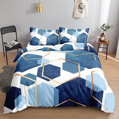 Produktbild von Bettwäsche-Set 200x200 cm Blau Geometrie 1 Bettbezug 2 Kissenbezüge Mikrofaser Reißverschluss
