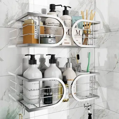 Image de Étagère de douche en acier inoxydable Unyqoos®, à fixer sans perçage – Acier inoxydable SUS304, surface de 12,5 cm, rebord de 9,5 cm, capacité de charge jusqu'à 20 kg, couleur argent, fixation murale