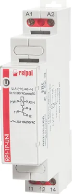 Zdjęcie produktu dla Przekaźnik elektromagnetyczny w obudowie modułu instalacyjnego, szerokość 17,5 mm, zaciski: 1P (przełączające), materiał styków AgSnO2, znamionowe napięcie wejściowe 12 RPI-1P-UNI RELPOL