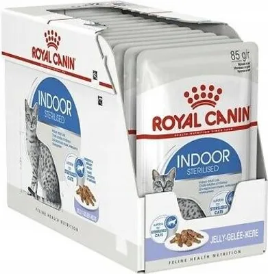 A display box of Royal Canin cat food pouches.