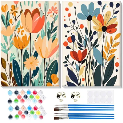 Produktbild von Lxmsja, 2 Malsets zum Selbermalen, für Erwachsene, mit Rahmen, Malen nach Zahlen, Blumen, DIY-Set für Erwachsene, mit Pinseln und Acrylfarben, handgemalt, Ölgemälde, Leinwand