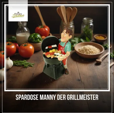 Produktbild von Kremers Schatzkiste Spardose Grillmeister 16 cm Lustige Sparbüchse aus Polyresin