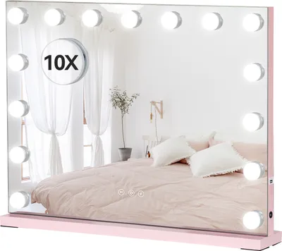 Productafbeelding van Puluomis make-upspiegel Hollywood, 58x45 cm, make-upspiegel met verlichting, 15 LED's, 3 kleuren, dimbaar met USB, 10-voudige vergroting, wandspiegel, roze