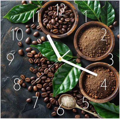 Produktbild von Wanduhr aus Glas mit Motiv Kaffeebohnen Und Blaetter- 30 x 30 cm - inkl. Aufhängesystem
