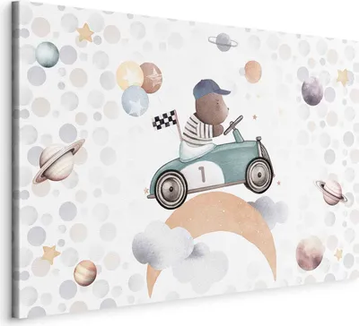 Produktbild von Italienischer Leinwand Leinwandbild - Galactic Races - A Bear Participating in Car Races Among Planets Clouds and Stars in Pastel Hues 120x80 cm Für Kinder e-C-10064-b-a
