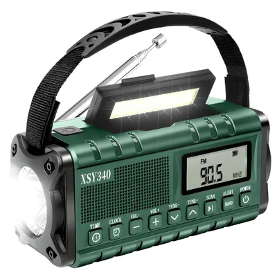 A green emergency radio with a flashlight and a light bar on top, shown against a white background.