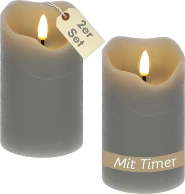 Produktbild von 2er Set LED Echtwachskerzen mit Timer Led Kerzen mit Timerfunktion und flackernde Flamme Led Echtwachs Stumpenkerzen flackernd 7,5 x 12,5 cm Grau