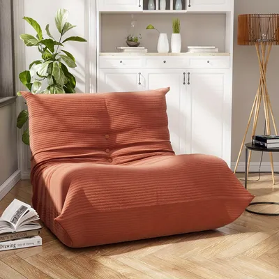 Image de Un fauteuil et un pouf pour le salon, avec un dossier confortable, en blanc et orange