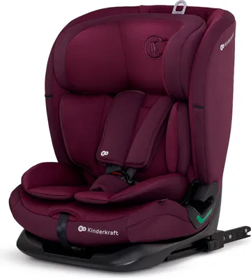 A burgundy Kinderkraft car seat is shown against a white background.
