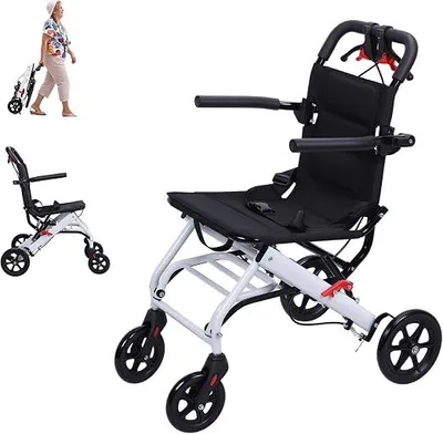Obrázok produktu pre Invalidné vozíky pre dospelých, ľahký, skladací cestovný invalidný vozík, transportný invalidný vozík pre seniorov, hliníková konštrukcia, vhodný pre úzke dvere, invalidný vozík s bezpečnostným pásom (biela farba)