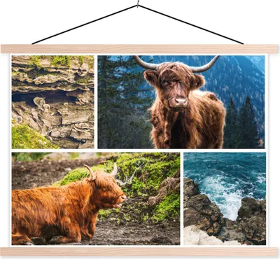 Produktbild von MuchoWow® Textilposter Schottische Hochlandrind - Collage - Landschaft 60x45 cm mit holzfarbenen Rahmen - Bild