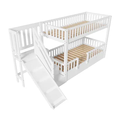 Produktbild von MODFU Kinder-Etagenbett 90×200,Massivholz Hochbett mit Rutsche und Treppe,Kinderbett Stockbett mit 2 Schubladen,Multifunktionsbett ohne Matratze,Weiß