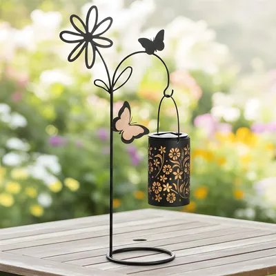 Produktbild von Solar LED Laterne "Blüten" mit Ständer, Metall, schwarz, Outdoor Hängelaterne, Gartenlaterne für Draußen, wetterfest, Solarlaterne Außen, Solarlampe